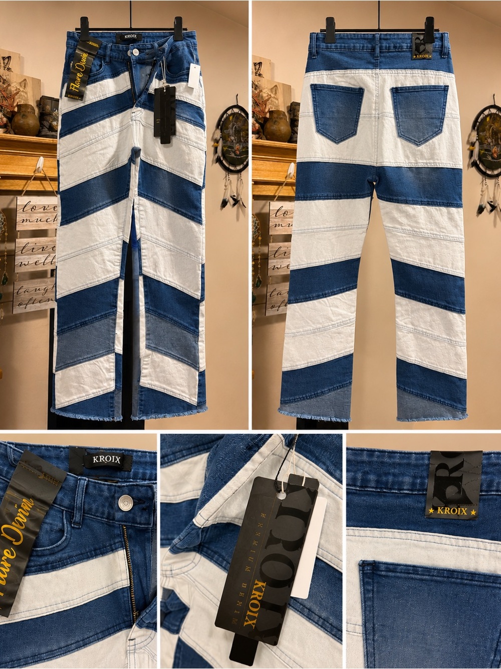 KROIX Patchwork Flare Jeans Blue White Stretch Denim NWT